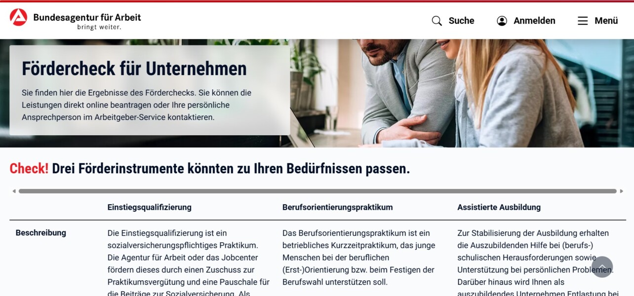 Hier ein beispielhaftes Ergebnis von einem Fördercheck Screenshot: Arbeitsagentur