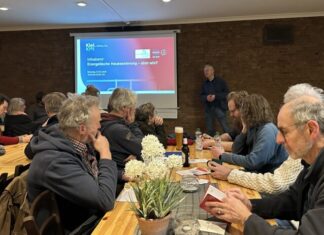 Zuhörerinnen und Zuhörer im Vereinslokal des SV Hammer hören Energieberater Jasper Harten zu, der Mustersanierungskonzepte vorstellt
