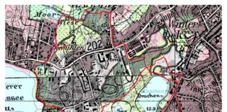 Deponie-Wanderung Kieler Süden: Überlagerung einer aktuellen Landkarte (farbig) mit einer historischen Ausgabe aus der Mitte der 50er-Jahre. Gut sind die zahlreichen Tongruben auf den ehemaligen Ziegeleigeländen zu sehen. Die Wanderstrecke ist als rote Linie erkennbar.