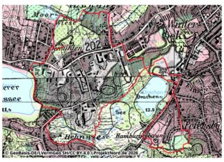 Altlasten im Kieler Süden: Wanderung zu ehemaligen Deponien Deponie-Wanderung Kieler Süden: Überlagerung einer aktuellen Landkarte (farbig) mit einer historischen Ausgabe aus der Mitte der 50er-Jahre. Gut sind die zahlreichen Tongruben auf den ehemaligen Ziegeleigeländen zu sehen. Die Wanderstrecke ist als rote Linie erkennbar.