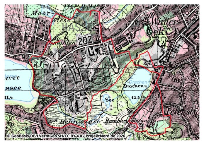 MüllIdyll-Wanderung Deponie-Wanderung Kieler Süden: Überlagerung einer aktuellen Landkarte (farbig) mit einer historischen Ausgabe aus der Mitte der 50er-Jahre. Gut sind die zahlreichen Tongruben auf den ehemaligen Ziegeleigeländen zu sehen. Die Wanderstrecke ist als rote Linie erkennbar.